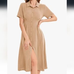Elegant Tan Button-Down Dress With Pockets NWT